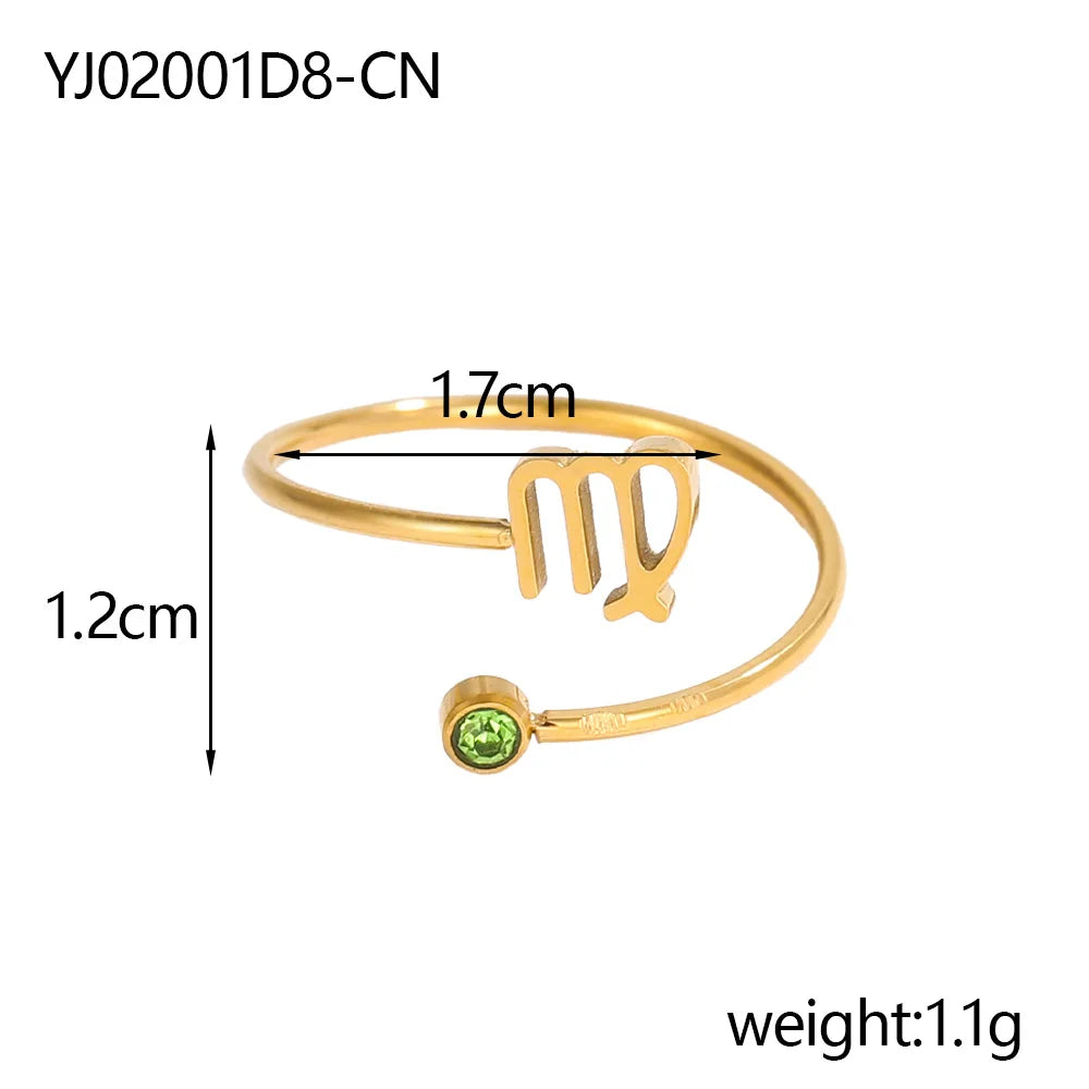 Gold Plated 12 Zodiac Sign Birthstone Adjustable Open Rings Horoscope for Women Jewelry Stainless Steel Rings