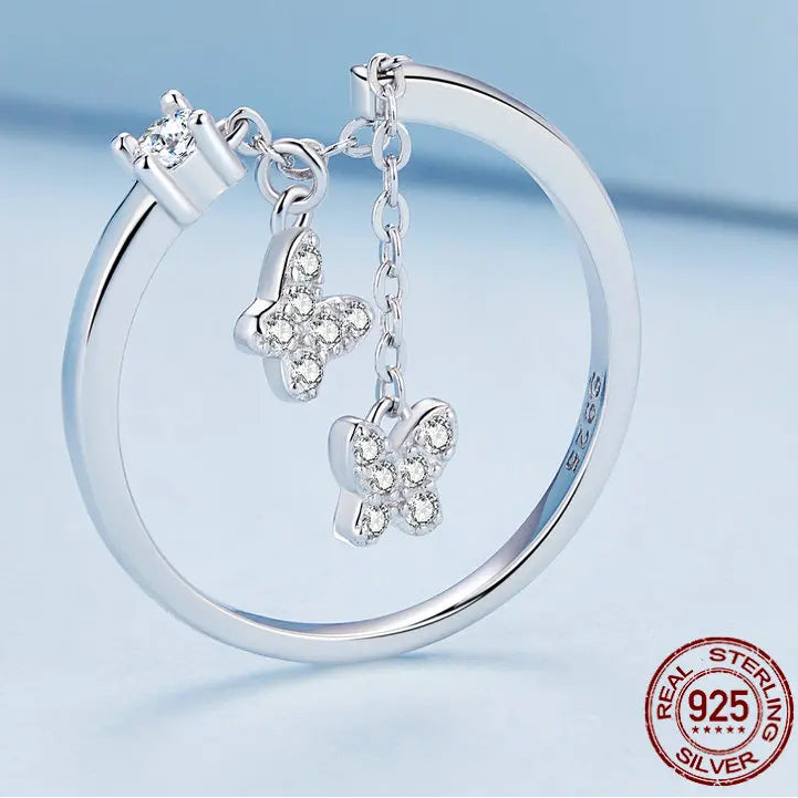 925 Sterling Silver Butterfly Link Open Rings for Women Delicate Shiny Zircon Adjustable Ring Fine Party Jewelry Gift