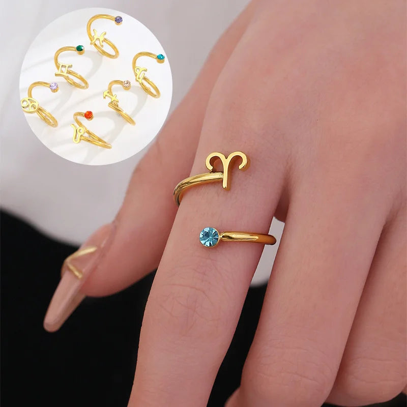 Gold Plated 12 Zodiac Sign Birthstone Adjustable Open Rings Horoscope for Women Jewelry Stainless Steel Rings