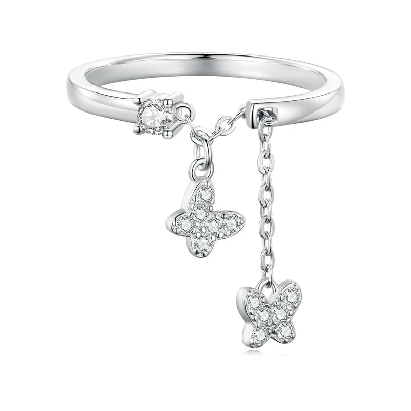 925 Sterling Silver Butterfly Link Open Rings for Women Delicate Shiny Zircon Adjustable Ring Fine Party Jewelry Gift