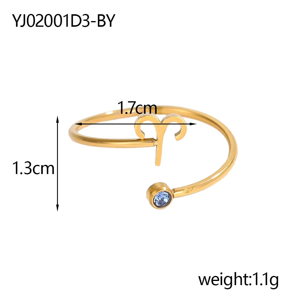 Gold Plated 12 Zodiac Sign Birthstone Adjustable Open Rings Horoscope for Women Jewelry Stainless Steel Rings