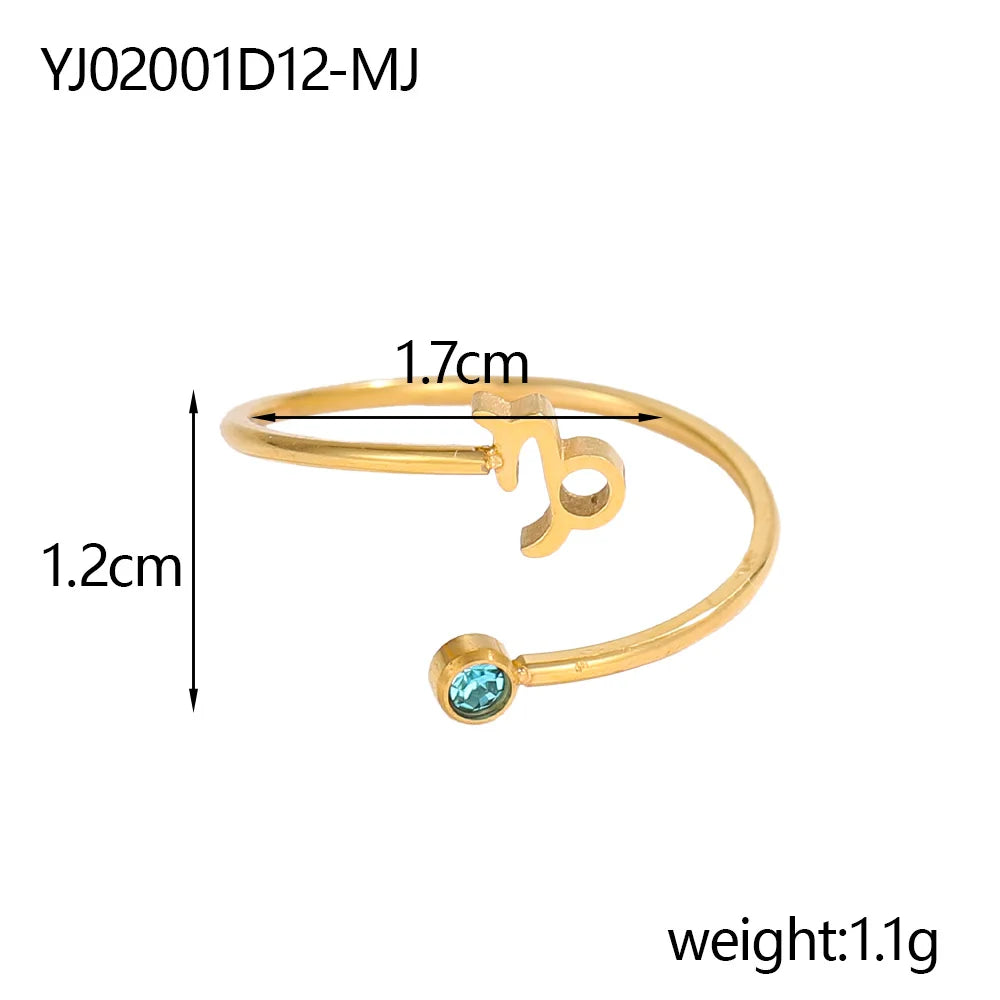 Gold Plated 12 Zodiac Sign Birthstone Adjustable Open Rings Horoscope for Women Jewelry Stainless Steel Rings