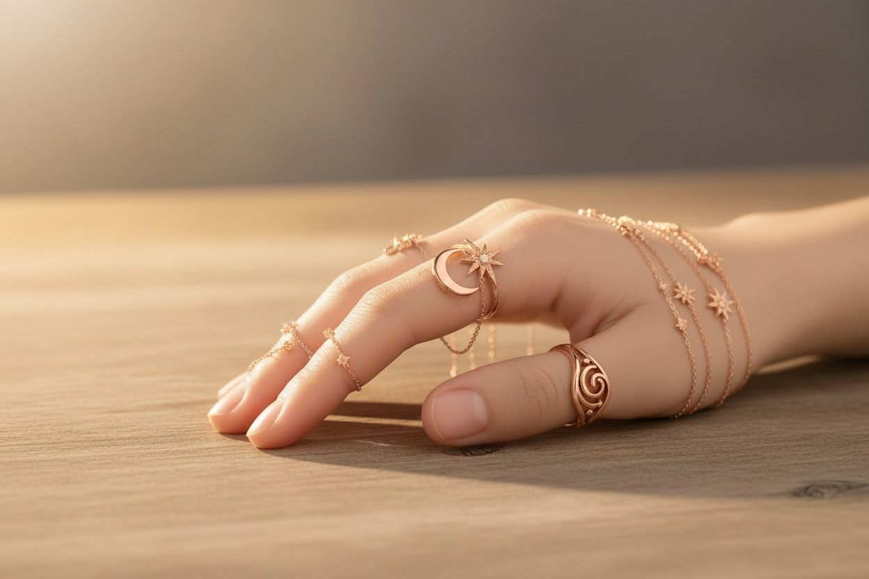 Realistic hand wearing celestial jewelry positioned left to right